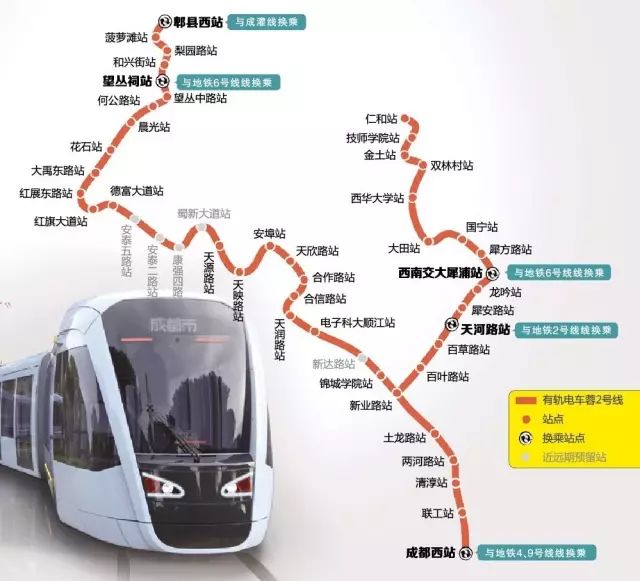 成都有軌電車蓉2號線整體呈y字型佈局,線路全長39.