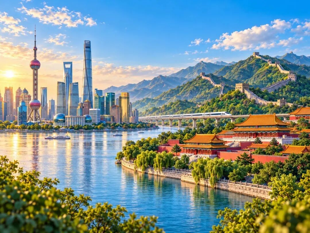 An artistic route illustration of Shanghai and Beijing