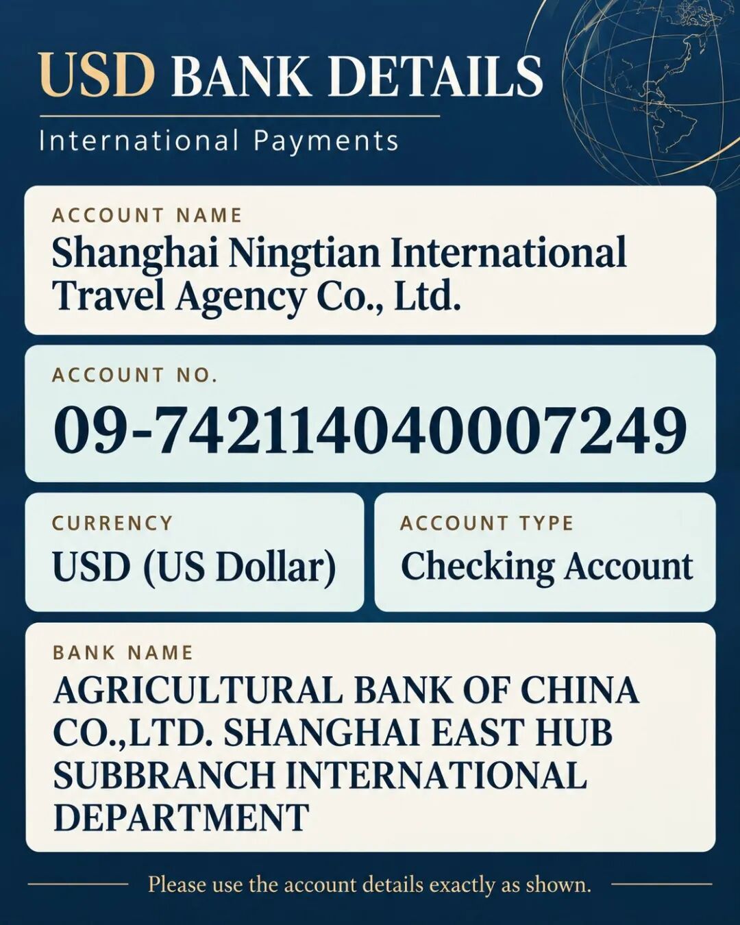 USD bank details supplied by Poetic China Travel