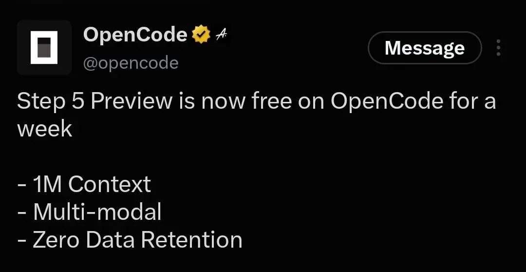Step 5 Preview is FREE on OpenCode for a week 🔥 : r/opencodeCLI