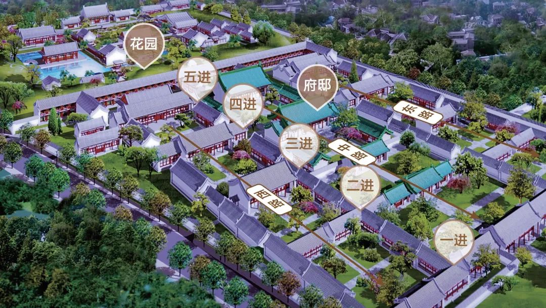 府邸部分分为中东西三路,各由五进四合院组成,后面环抱着长160余米的