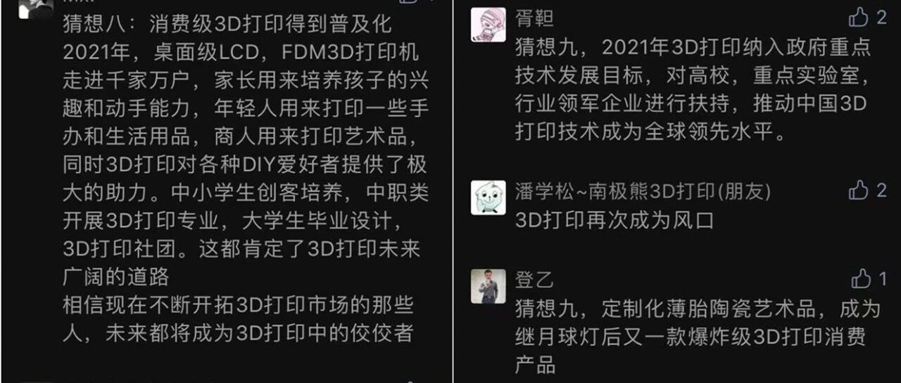 网友的2021年3D打印预测，谁会对呢？