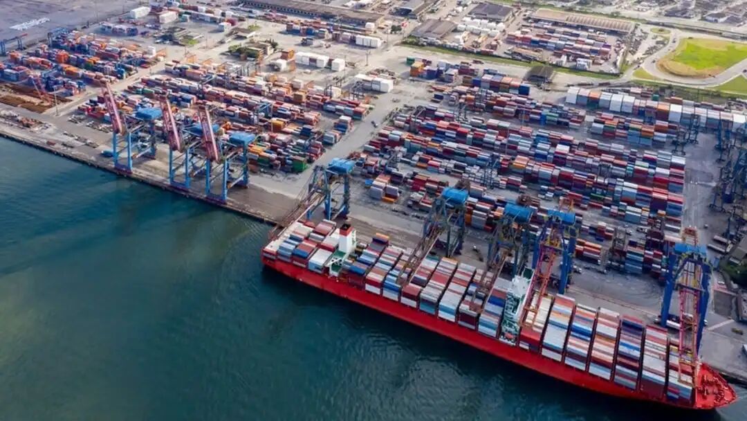 Aeriel view of ship in container port