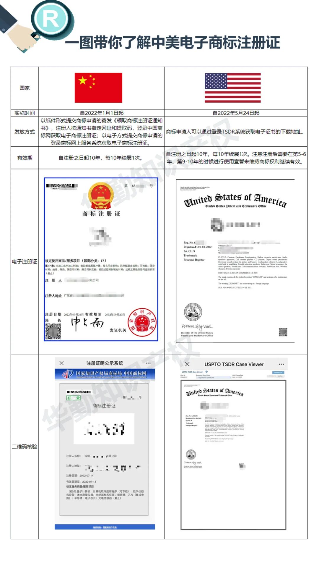 知产资讯∣一图带你了解中美电子商标注册证-华勤知识产权代理事务所(普通合伙)