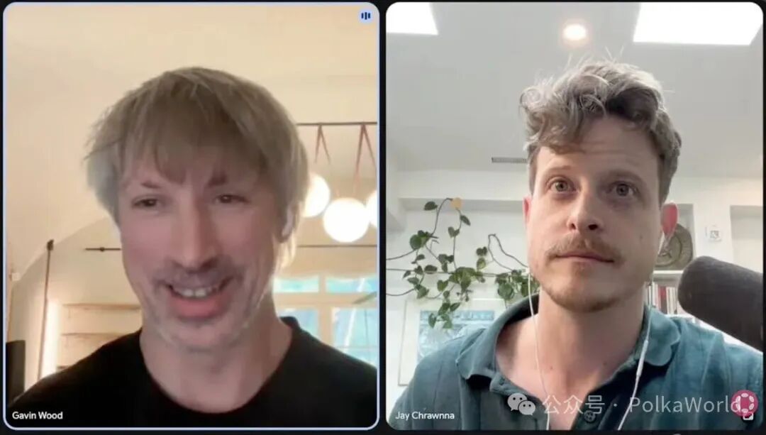 Split-screen screenshot shows two men in a video interview. Left side features a man with light hair wearing a black shirt against a window with plants and hanging lights. Right side shows a man with curly light hair wearing a light blue shirt in a room with plants, a microphone, and bookshelves.