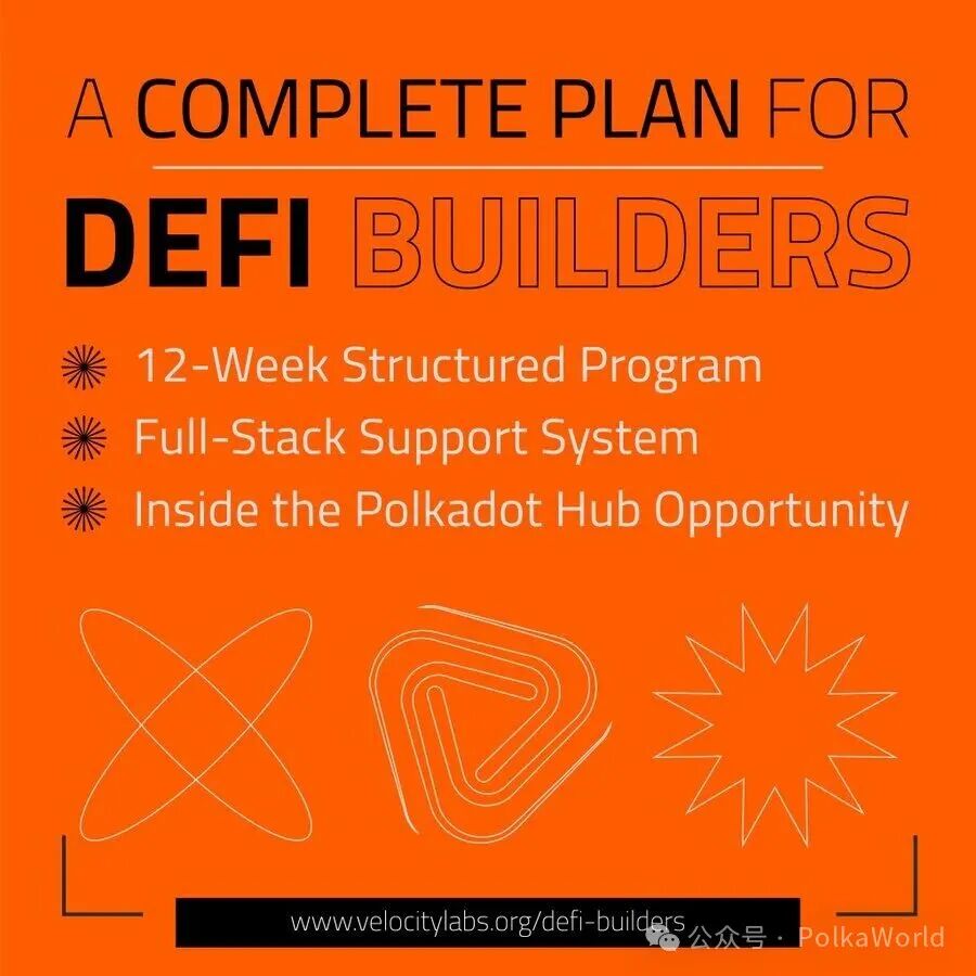 An orange background with white text reading "A COMPLETE PLAN FOR DeFi BUILDERS" in bold. Below, bullet points list "12-Week Structured Program", "Full-Stack Support System", and "Inside the Polkadot Hub Opportunity". At the bottom, abstract white line drawings of shapes including an oval, triangle, and star. A website URL "www.velocitylabs.org/defi-builders" appears in black text at the bottom.
