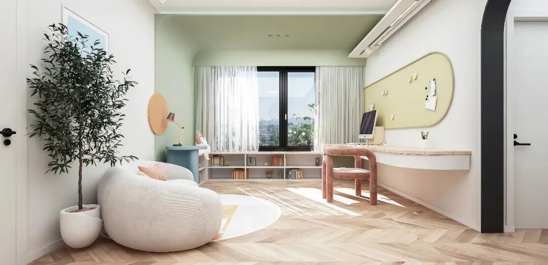 装修效果图丨114㎡清新北欧风格婚房装修，弧形元素甜蜜升级！