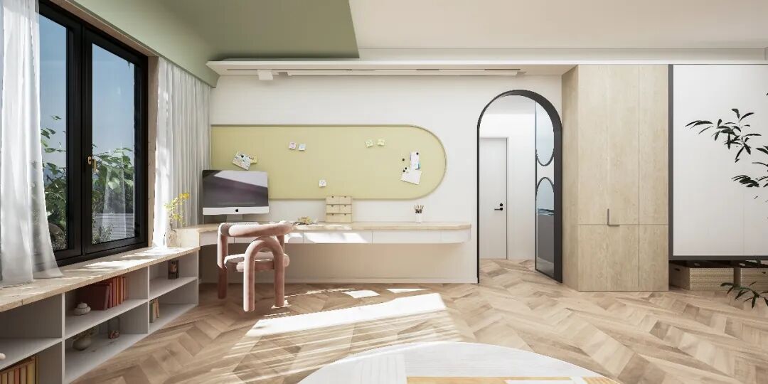 装修效果图丨114㎡清新北欧风格婚房装修，弧形元素甜蜜升级！