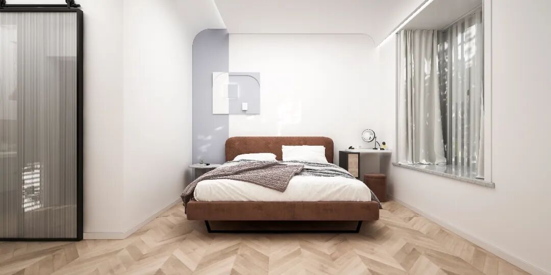 装修效果图丨114㎡清新北欧风格婚房装修，弧形元素甜蜜升级！