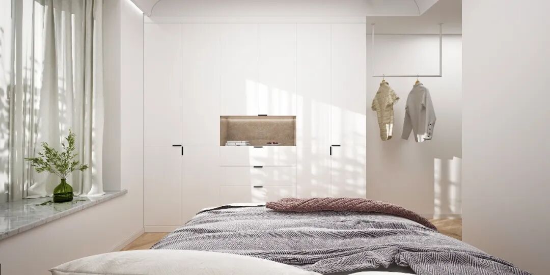 装修效果图丨114㎡清新北欧风格婚房装修，弧形元素甜蜜升级！