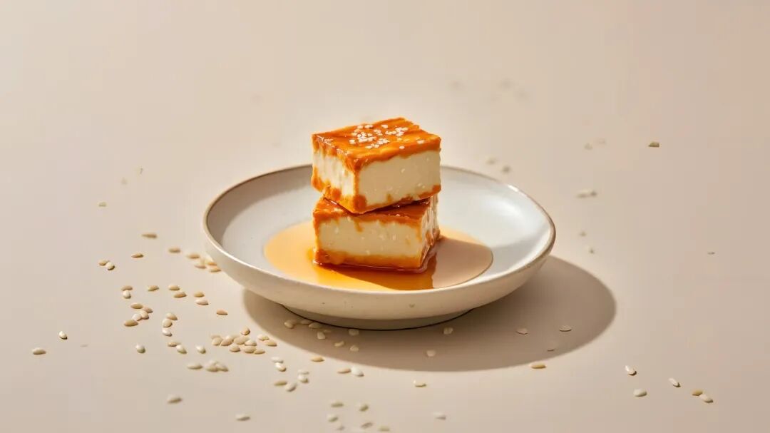 腐乳简约风白色盘子上两块撒有芝麻的豆腐和棕色调料商业照片（商业使用）.png