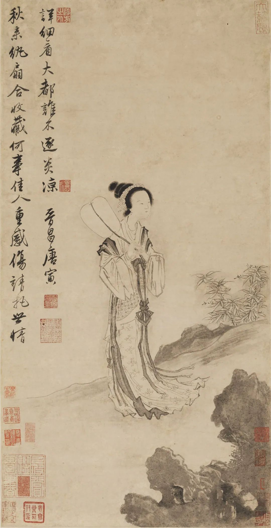 中国古美術・仕女人物四条屏画芯・唐寅印款・水墨彩色画・純