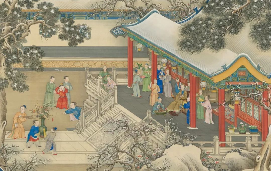 郎世宁等绘《弘历喜雪图》轴,局部,清乾隆十二年丁卯(1747,绢本设色