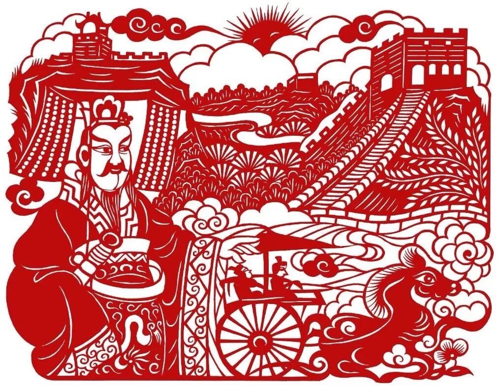 这幅作品没有设计众多工匠修长城的景象,但却着重体现了秦始皇帝巡游