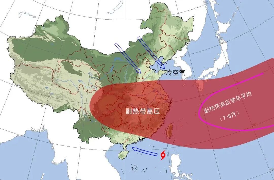 副热带高压控制下,大气以下沉气流为主,强烈的下沉增温作用,使近地面