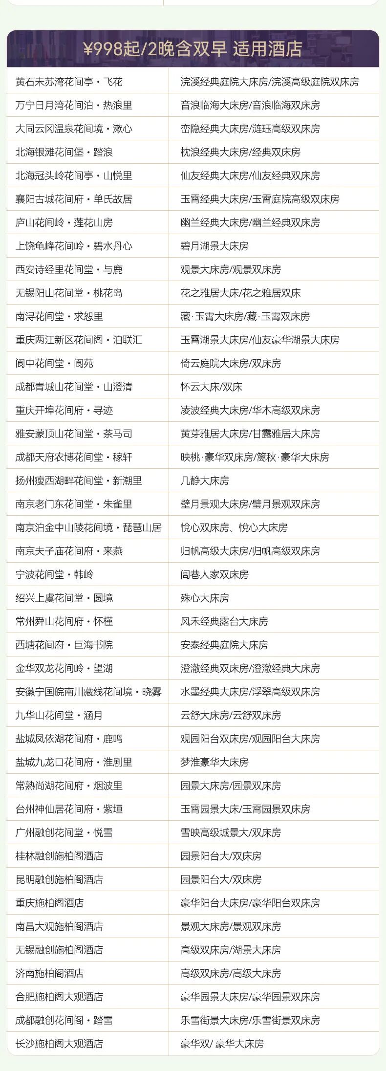 华住宋品别墅通兑900元起 元旦周末不加价 全国多店可拆分