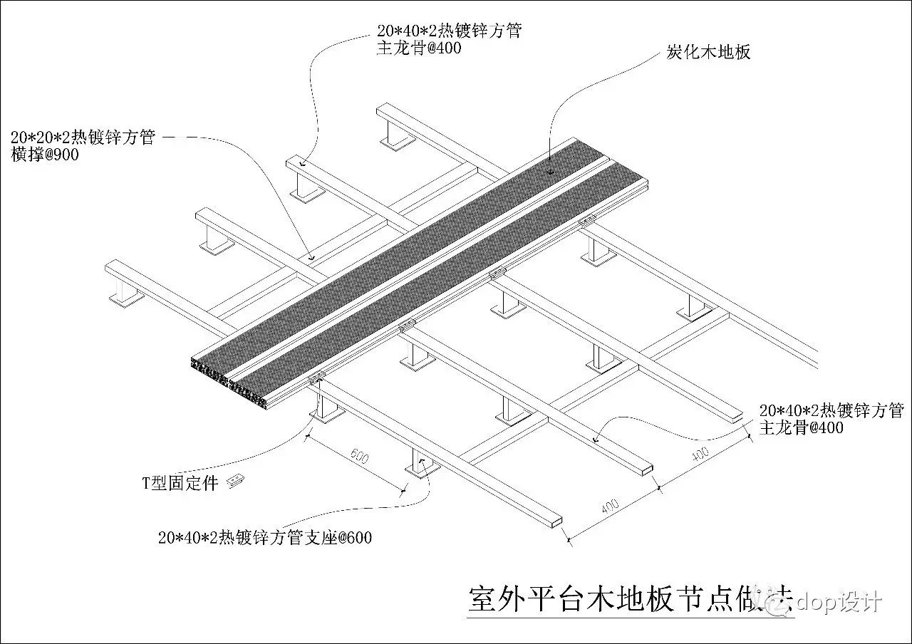 一,基本构造:室外木地板的安装铺贴一般采用龙骨空铺,龙骨可采用木