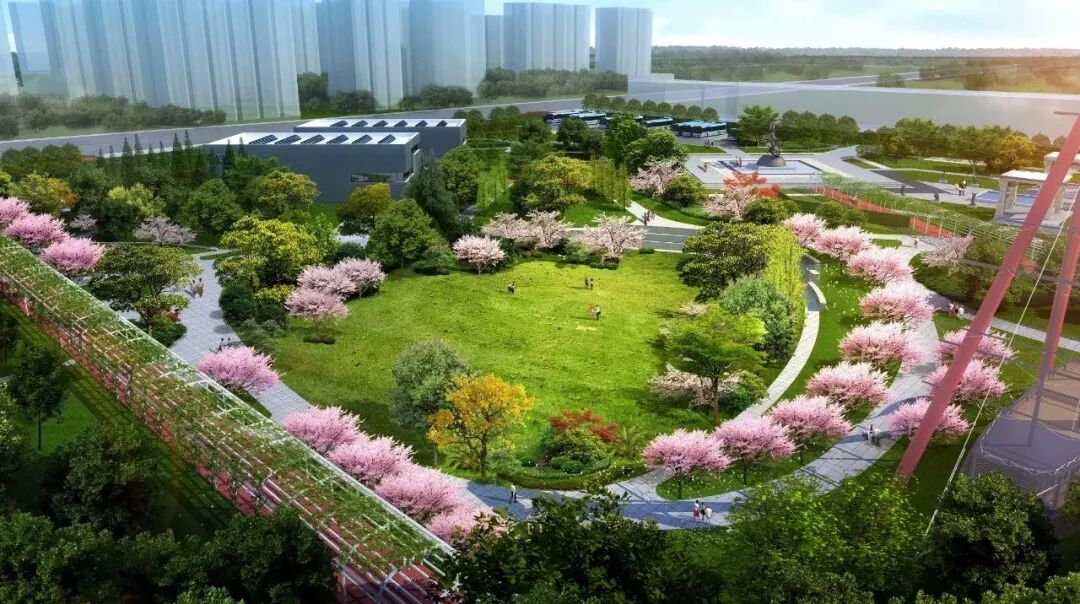 宽42米的南北向台阶式的景观智慧大道环球广场北邻即为卫育紫荆公园