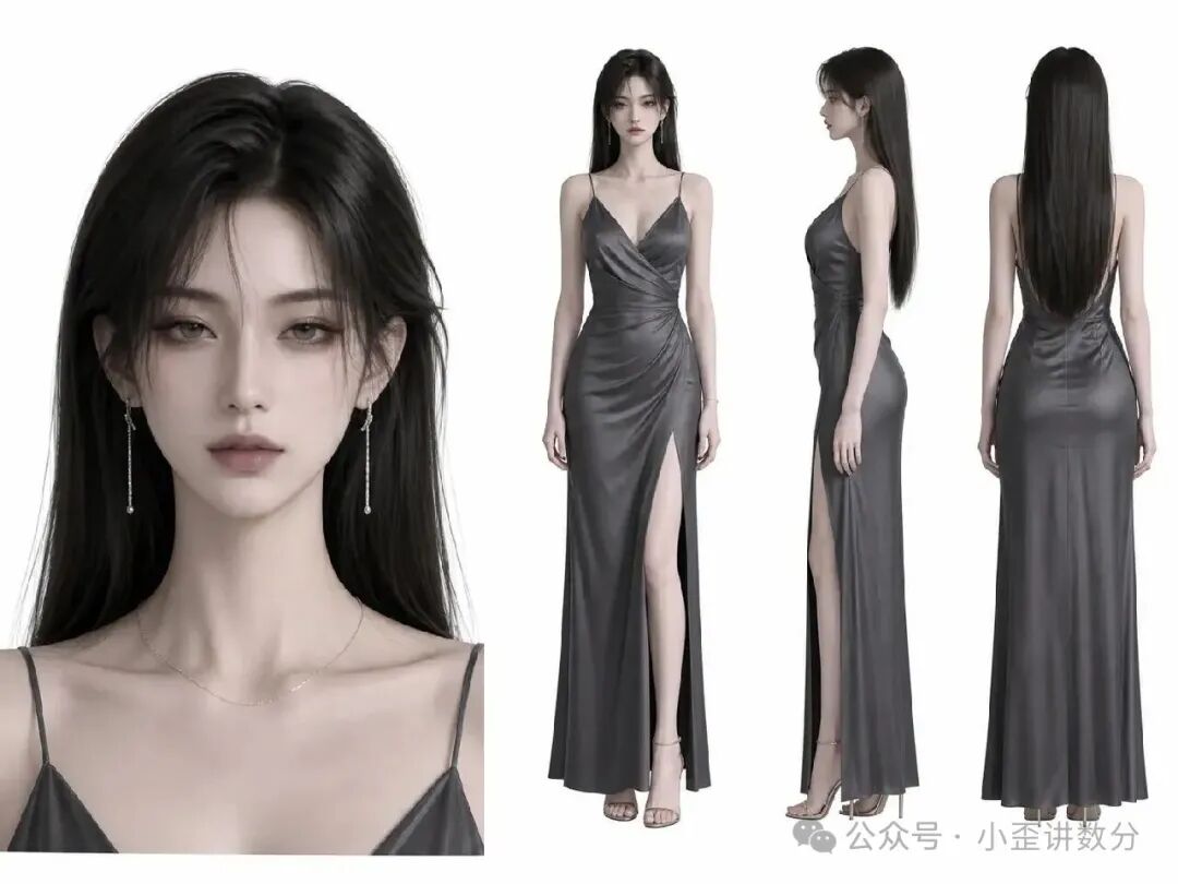 灰色缎面交叉领长裙·冷艳女主漫剧三视图 效果图样例