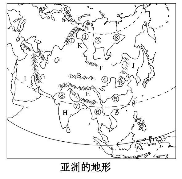 1,請在圖中標出1-中國,2-日本,3-韓國,4-朝鮮,5-蒙古,6-印度,7