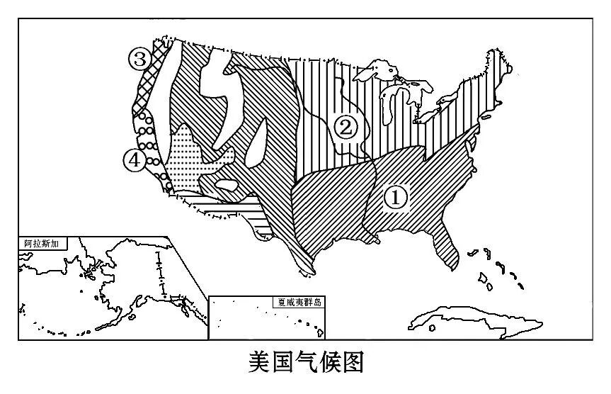 【读图指导】1,在左图中找出序号分别代表的气候类型:亚热带季风性