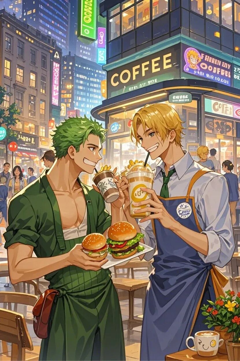 《海贼王》索隆山治一起喝奶茶吃汉堡,真的是很好的cp,山治被我画成小