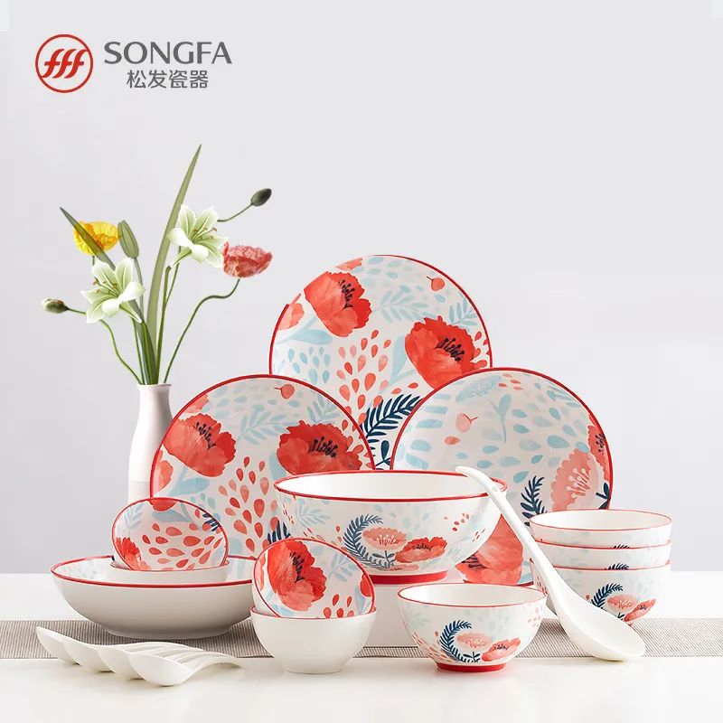 红花餐具18件套,松发瓷器荣誉出品,专为国家级会议提供国宴用瓷和礼品瓷!骄傲的使用“当代官窑”吃饭,让你的家更显档次 红花餐具18件套,松发瓷器荣誉出品,专为国家级会议提供国宴用瓷和礼品瓷!骄傲的使用“当代官窑”吃饭,让你的家更显档次