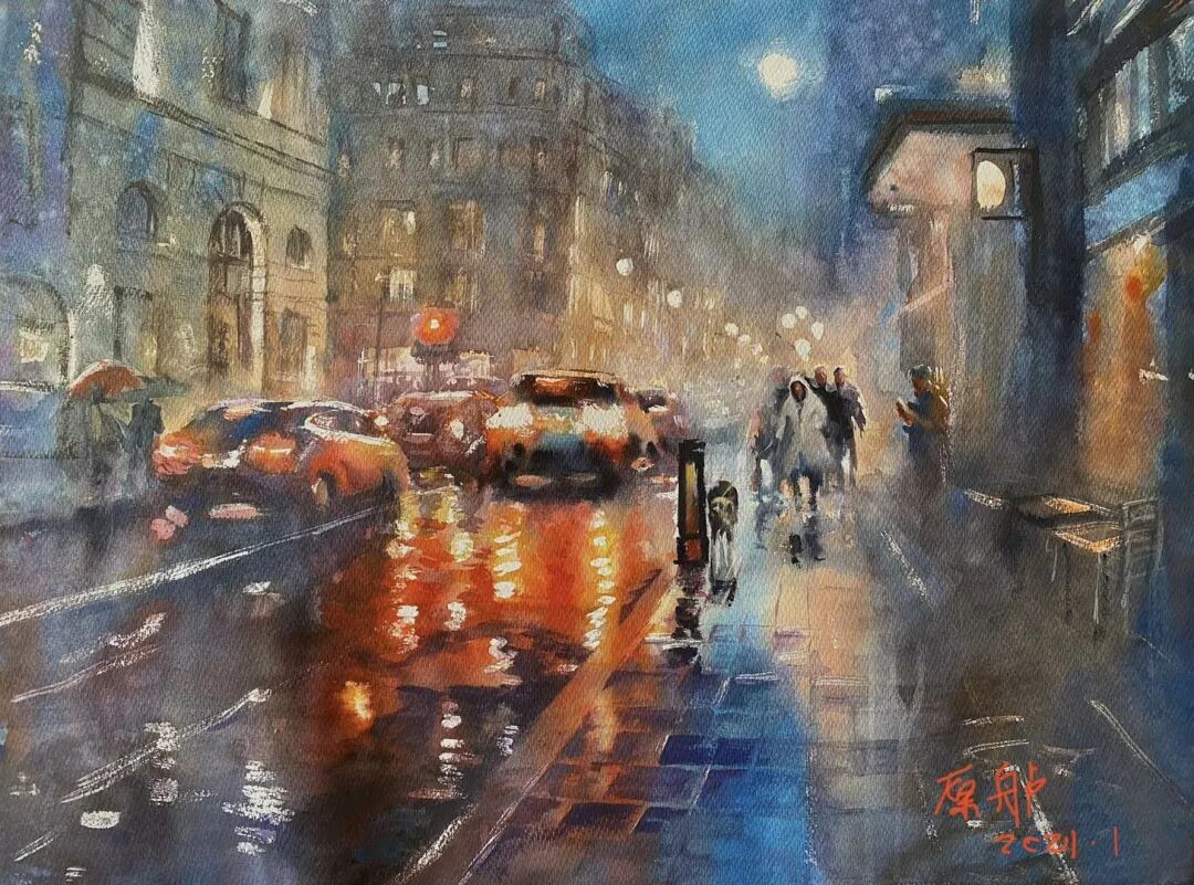 用水彩画来描绘春雨细雨蒙蒙润物细无声