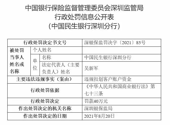 违规扣划客户账户资金，民生银行被处罚