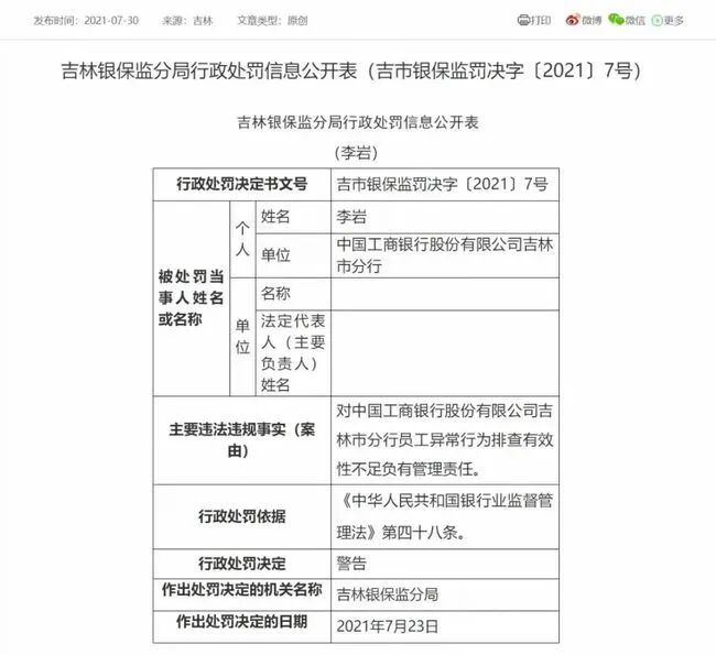 员工异常行为排查有效性不足，工商银行被处罚