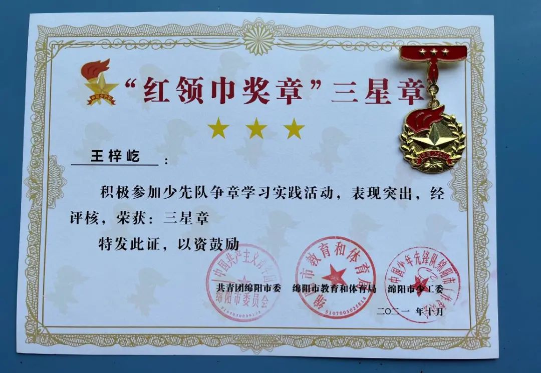 楚仕瀚,何梓绮,王梓屹获"红领巾奖章"三星章个人荣誉称号.