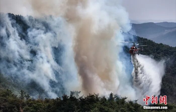 据韩联社23日报道，韩国全国多地接连发生大规模山火，已造成4名灭火人员死亡，6人受伤，700多人紧急避险。据报道，韩国山林厅对忠清南道、全罗道、庆尚道发布最高级国家森林火灾危机预警。此外，韩国政府宣布庆尚南道、庆尚北道、蔚山市进入“灾难状态”，全力开展扑救工作。图为当地时间2025年3月23日，韩国庆尚北道义城郡，义城郡发生的大型山火持续进入第二天。直升机在山火起火点附近的山林中进行扑火作业。图/视觉中国