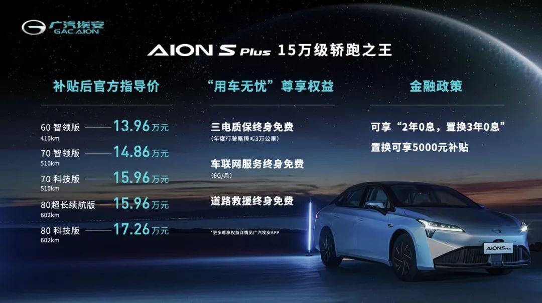 沿用概念车设计元素，广汽埃安AION S Plus售13.96万起