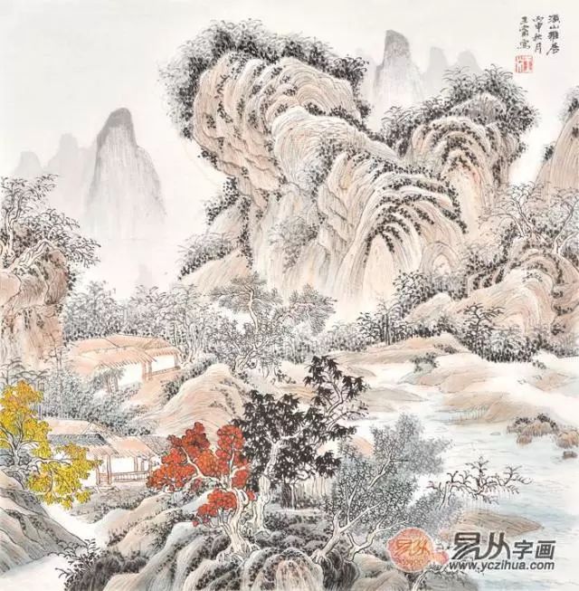 斗方裝飾畫作品 王寧山水畫《溪山雅居》