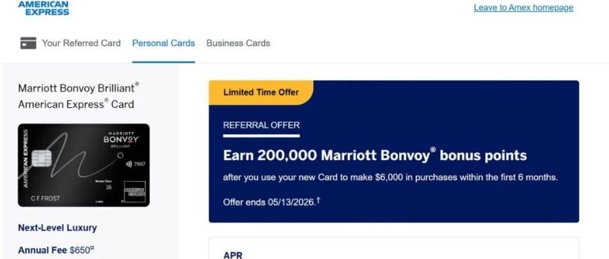 AMEX万豪Brilliant信用卡史高200k开卡奖励 福利可抵年费