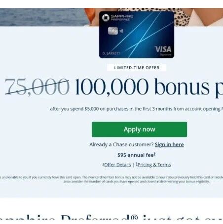 Chase Sapphire Preferred ： 100K Bonus + Free Apple TV & $100 Hotel Credit