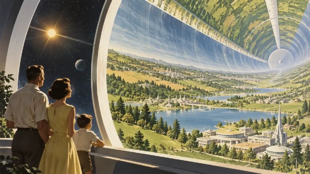 1950s-style illustration of a family looking into a vast cylindrical space habitat filled with green landscapes, lakes, and futuristic buildings.