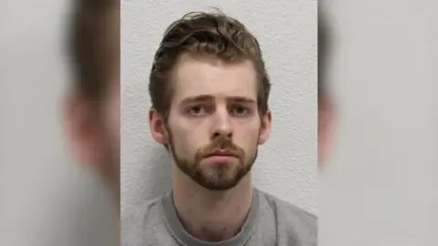 Met Police Custody picture of Joshua Michals, wearing a grey sweat top and he has light short brown hair combed back and a beard.