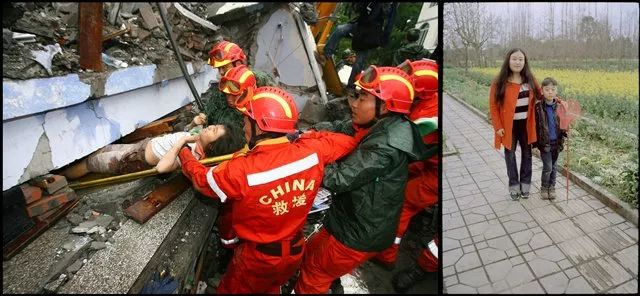左图:2008年5月13日,高莹被救出来。右图:2018年3月,高莹和她的弟弟。(图/杨曦)