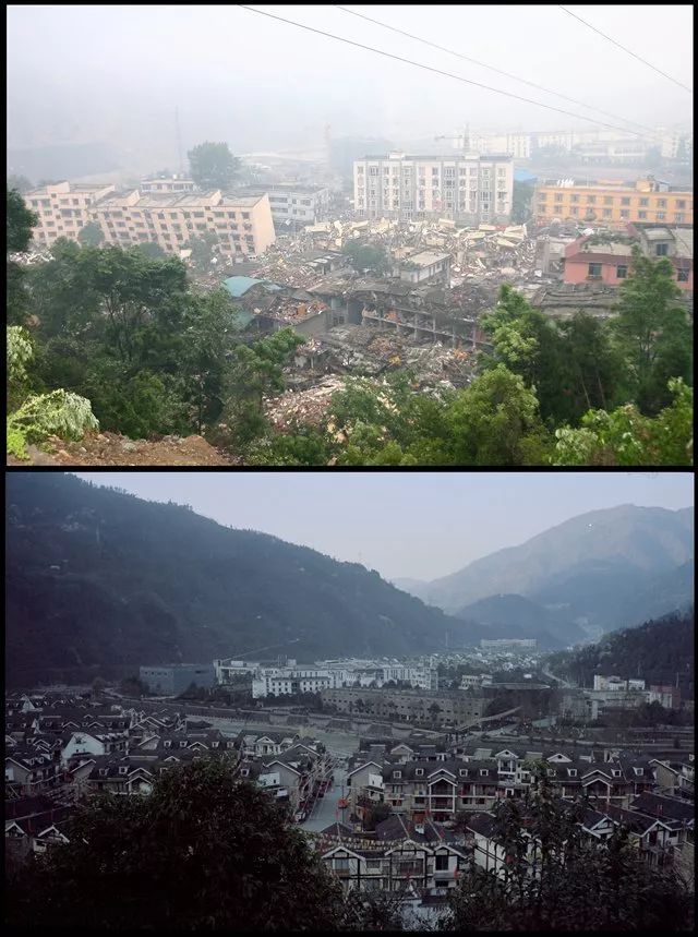 上图:十年前震后的映秀镇;下图:十年后重建的映秀镇。(图/杨曦)