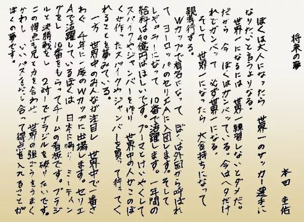 本田圭佑小学时代的毕业作文《将来的梦》