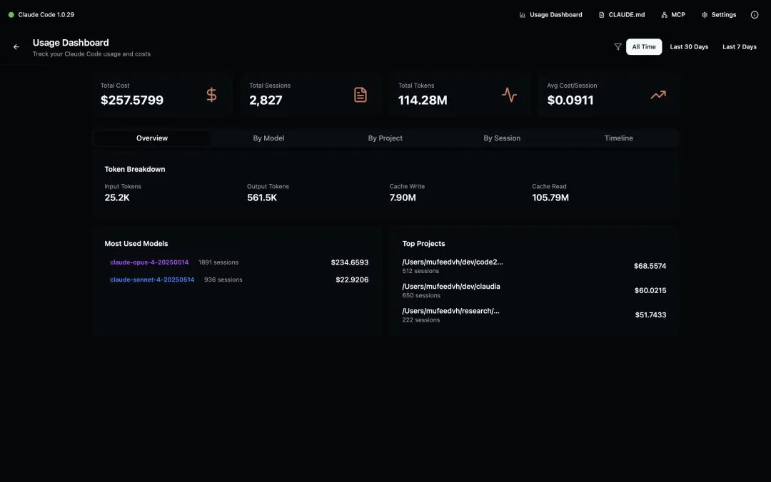 Usage Dashboard displaying token usage statistics and costs
