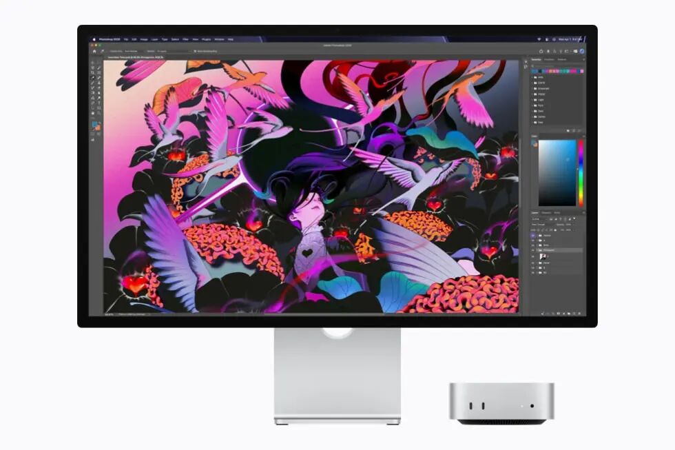 Mac Studio and Studio Display show a colorful, abstract illustration being edited in Adobe Photoshop.