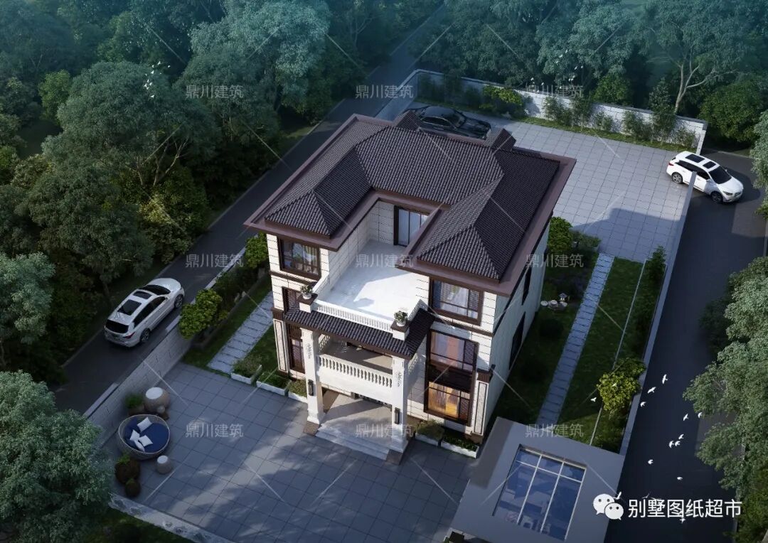 院的新中式三层农村别墅,造型简洁,线条干练,大开窗设计和露台的搭配