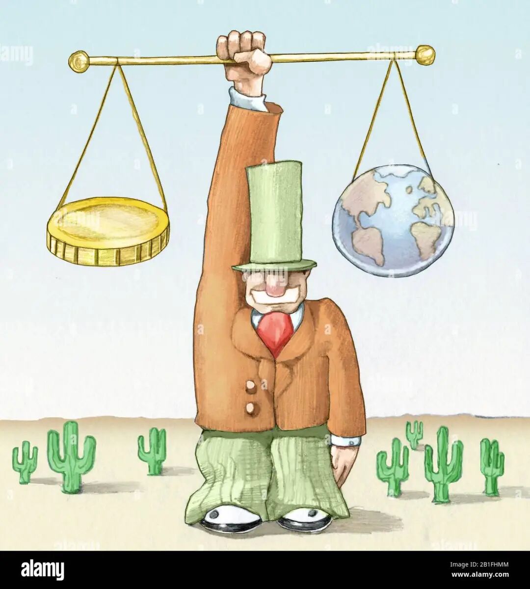 banker holds a balance a scale is a coin the other is the world the desert  arround him allegory of the power that money has over the world Stock Photo  - Alamy