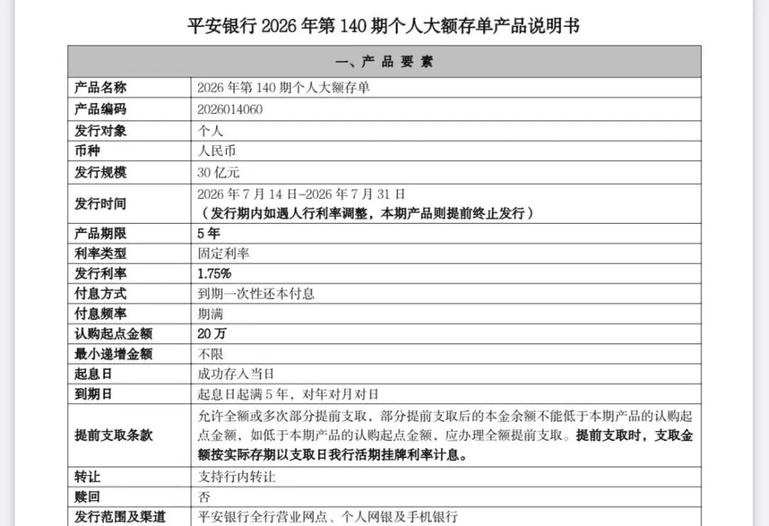 平安银行5年期大额存单说明。