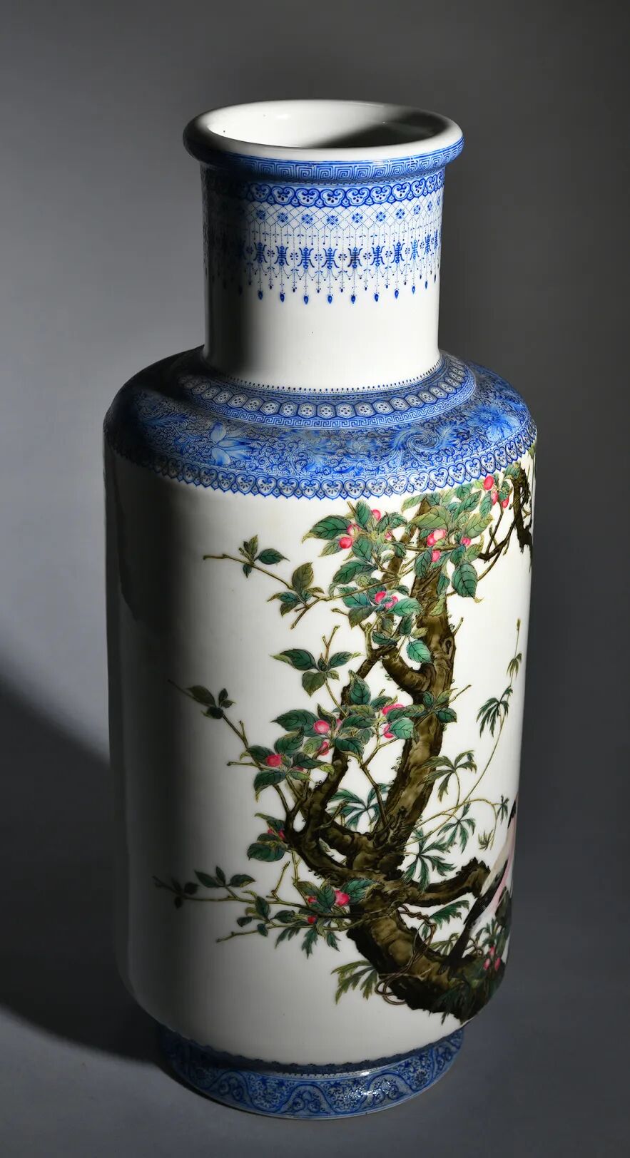 lot 1227民国 珐琅彩樱桃山雀图爆竹瓶高43厘米题识:绿荫果熟撷翠屏