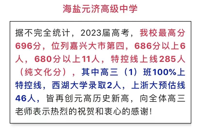 综合评价及强基计划入围各名校108人▼海盐元济高级中学最高分696