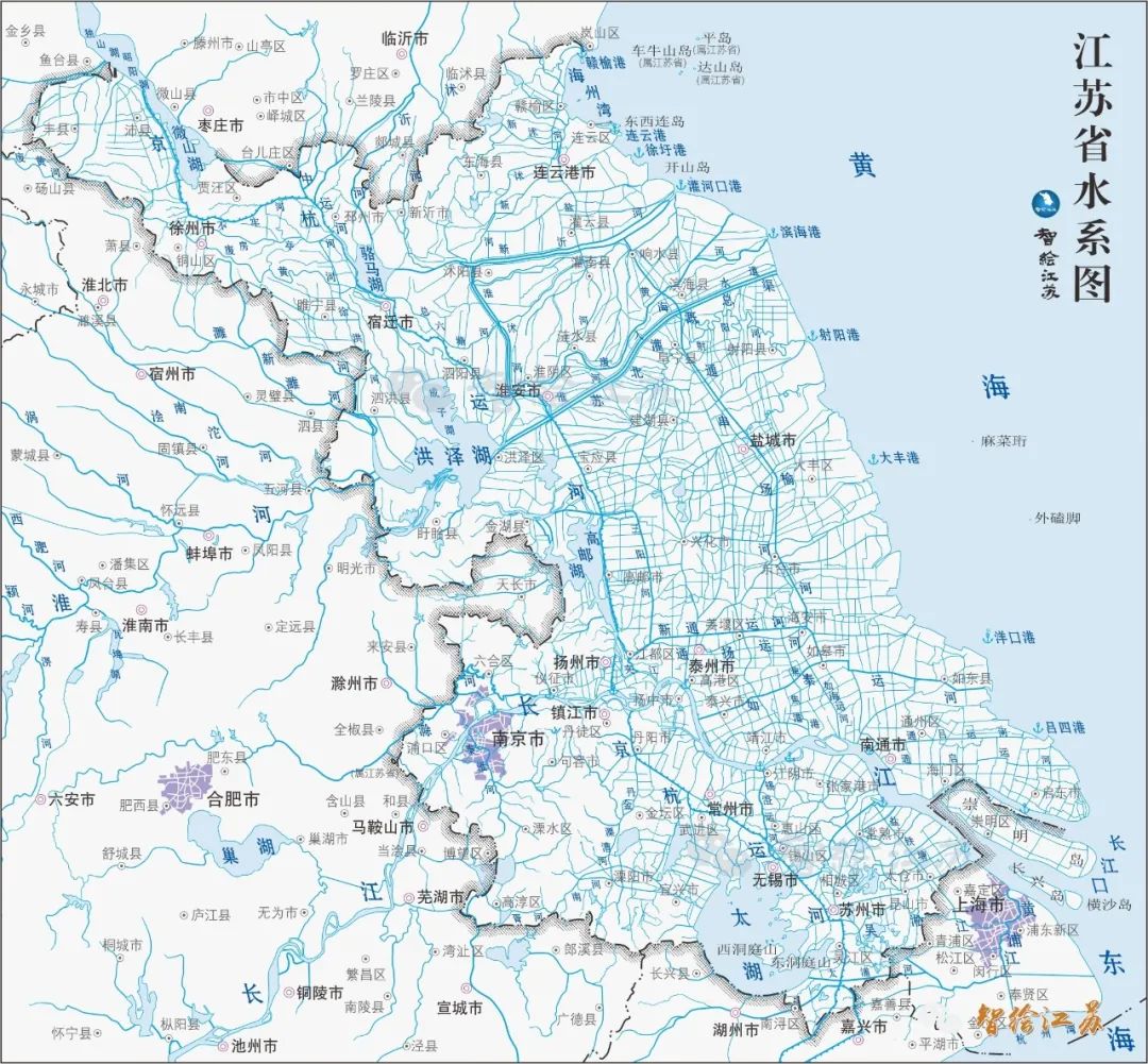 2022年江苏省水系图(因河流密度太大,只表示骨干河流)京杭运河纵贯