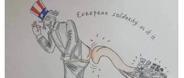 俄乌冲突第32天，俄罗斯欧州舔美讽刺漫画引热议，美总统又惹乱子